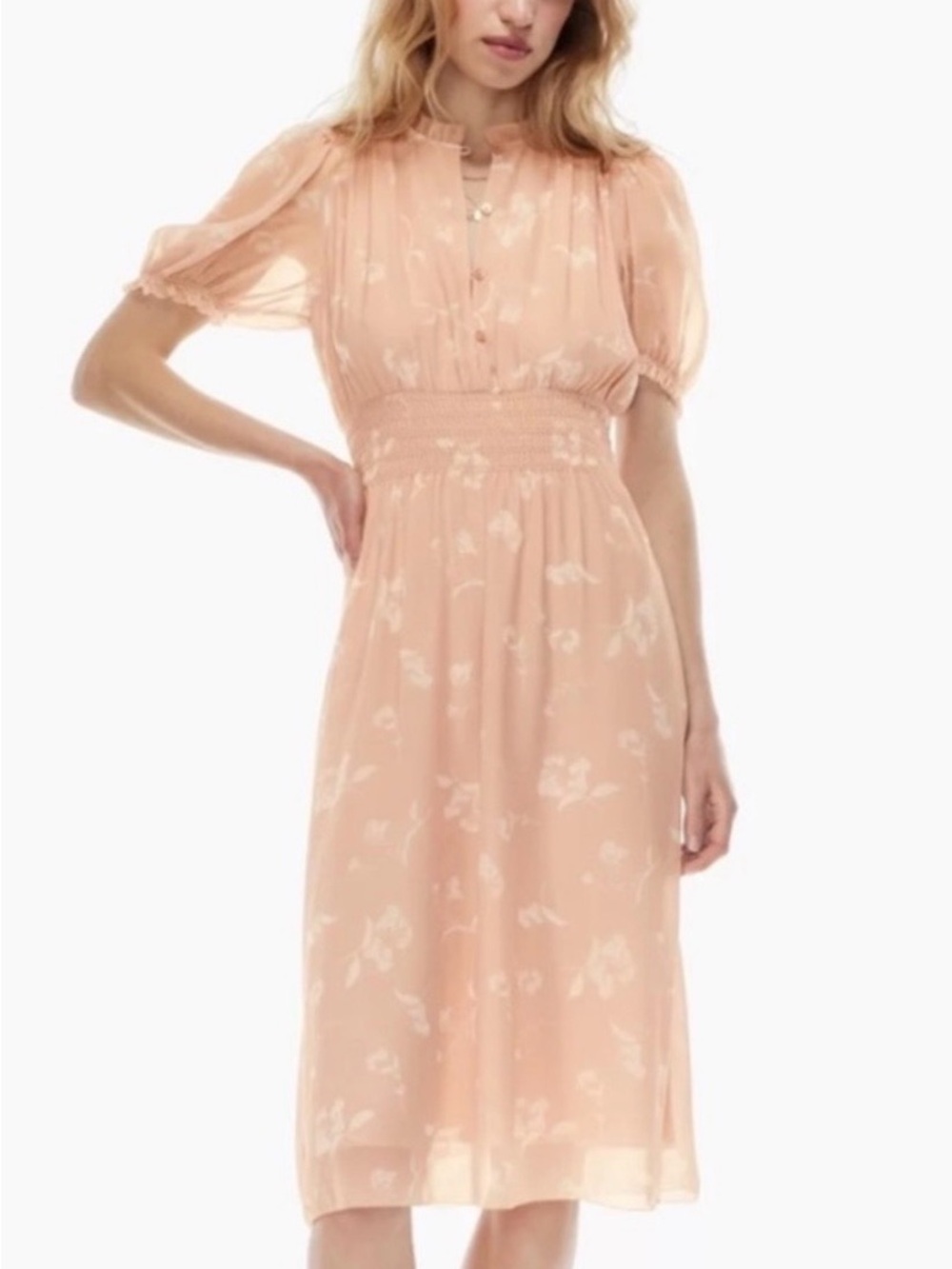 Wilfred Peach-Print Puff-Sleeve Midi Dress